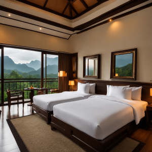 Deluxe room at MIRAYA Nature Luxury Resort with twin beds, private balcony, and scenic mountain views near Pune.