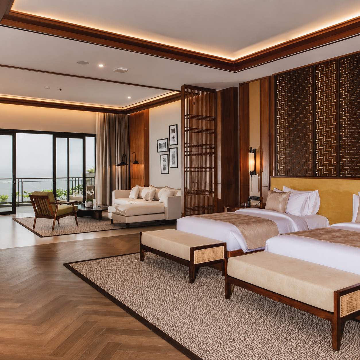 Spacious Premium Room at MIRAYA Nature Luxury Resort with elegant interiors, twin beds, lounge area, and private balcony near Pune.