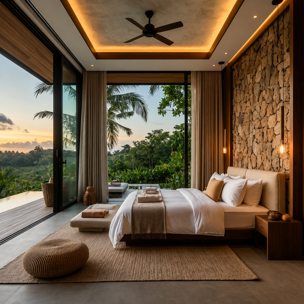 Luxury Premium Room at MIRAYA Nature Luxury Resort with king-size bed, floor-to-ceiling windows, and lush tropical garden views near Pune.