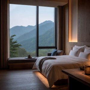 Premium Room at MIRAYA Nature Luxury Resort featuring a king-size bed and panoramic mountain views through floor-to-ceiling windows near Pune.