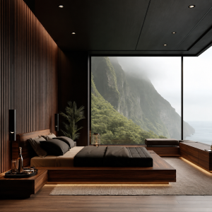 Modern Premium Room at MIRAYA Nature Luxury Resort with panoramic mountain views, floor-to-ceiling windows, and luxurious minimalist interiors near Pune.