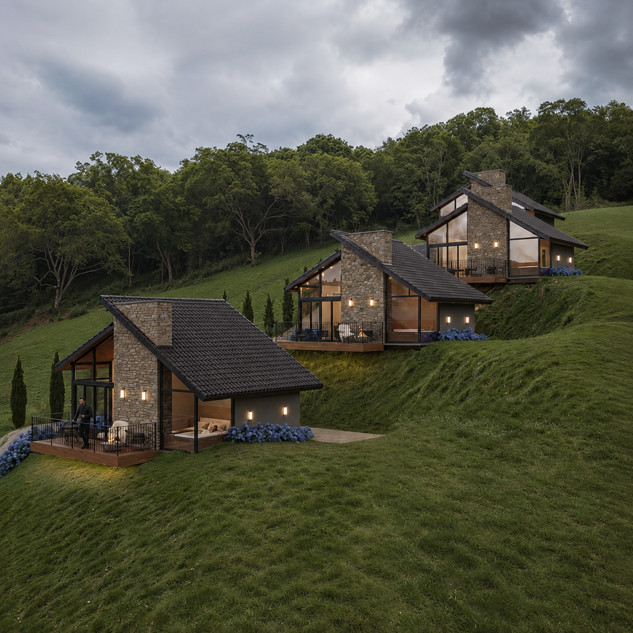 Luxury cottages at MIRAYA Nature Luxury Resort nestled on lush green hills with panoramic forest views near Pune.