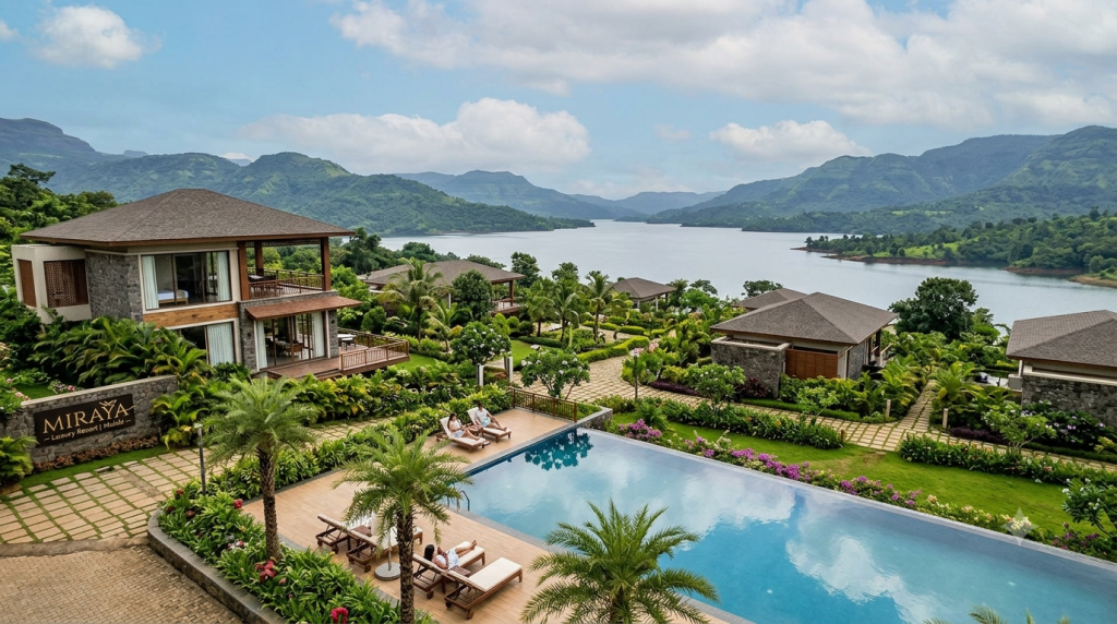 Luxury Resort in Mulshi | Best Weekend Getaway Near Pune | MIRAYA Luxury Resort in Mulshi featuring MIRAYA's infinity pool, luxury villas, and scenic lake surrounded by the Sahyadri Hills.