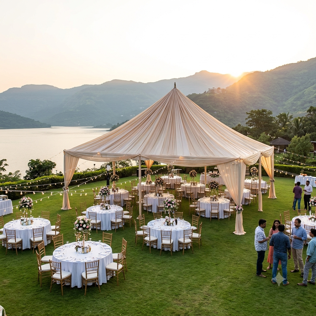 Luxury Resort in Mulshi | Best Weekend Getaway Near Pune | MIRAYA Elegant outdoor event venue at MIRAYA